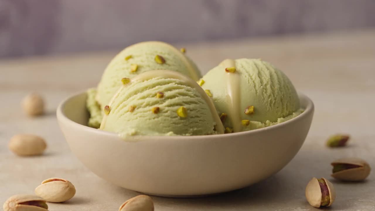 Kremast pistacijev gelato v keramični skodelici z drobci praženih pistacij.