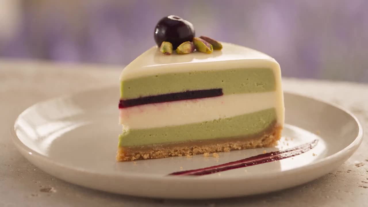 Rezina sladoledne torte s pistacijo, vaniljo, višnjami in hrustljavo podlago.